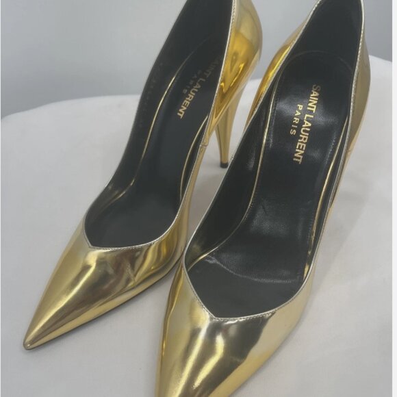 Saint Laurent Paris Kiki Gold Patent Leather Women Pointed ToHeels Shoes Size 39 - Picture 3 of 12
